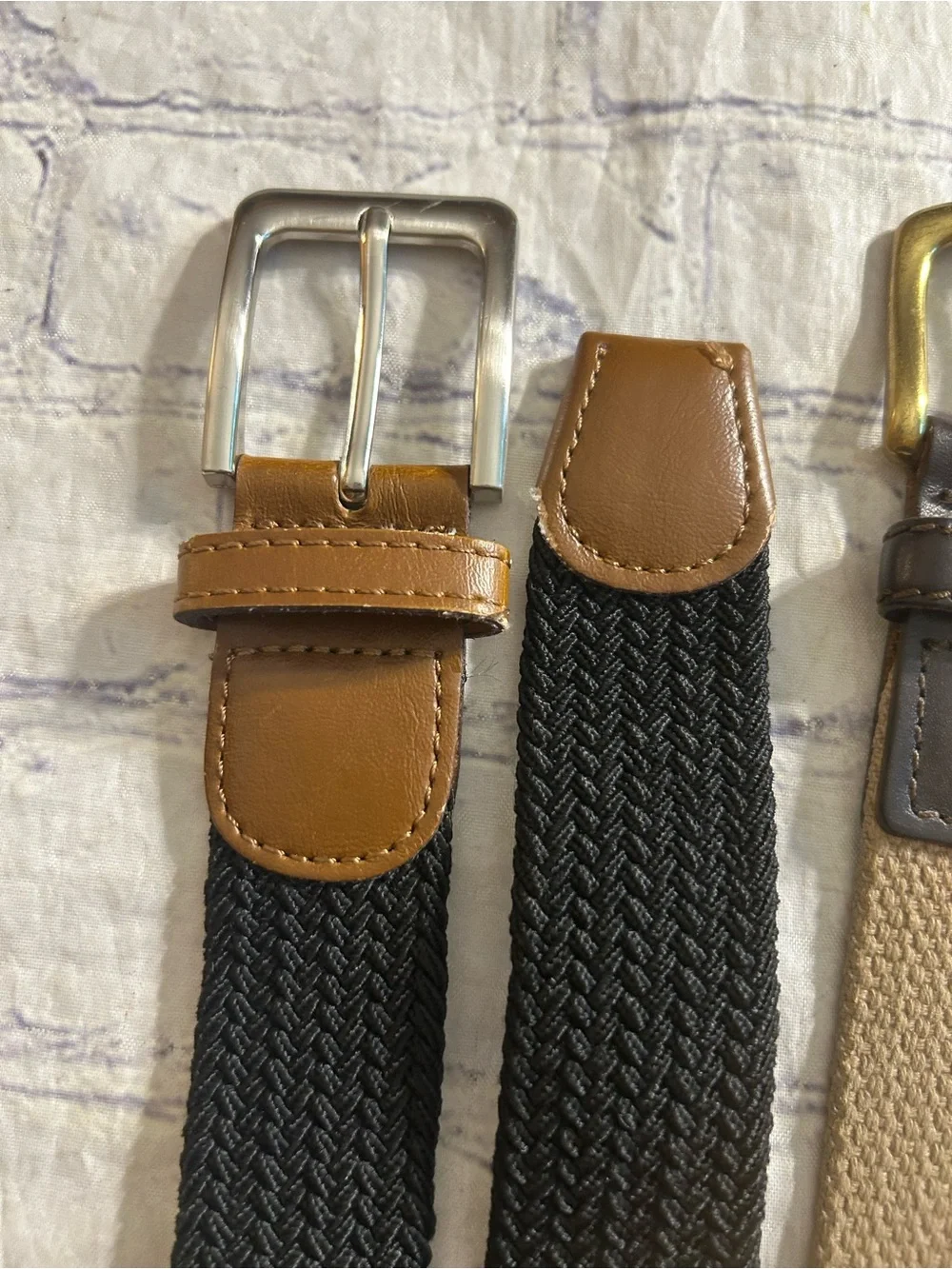 BROOKS LEATHER BRASS BUCKLE TAN WEB BELT SIZE 38 & BLACK STRETCH BROWN BELT 36